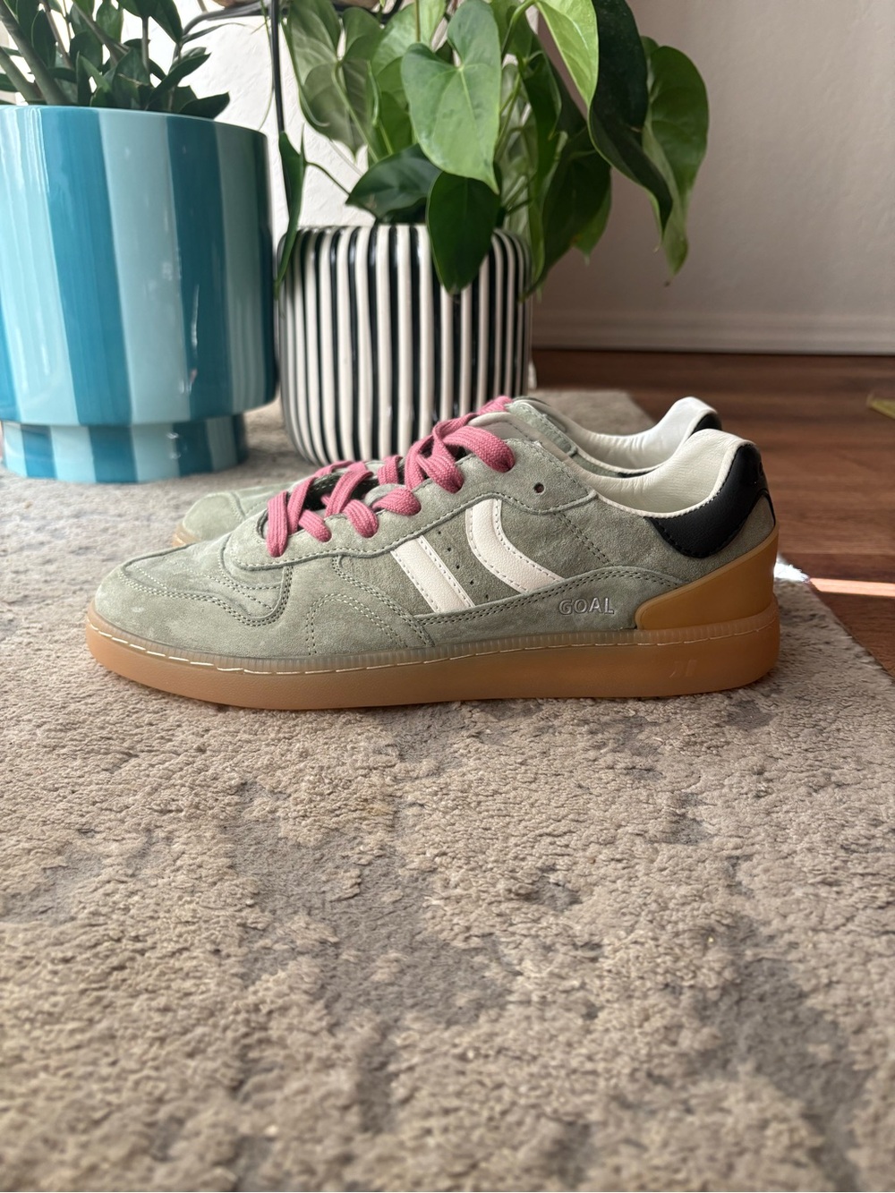 Suede Low-Top Sneakers in Sage with Pink Laces